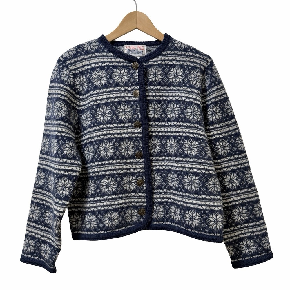 Vintage Tally Ho Womens Fair Isle Nordic Wool Button Front Cardigan Size MP Navy
